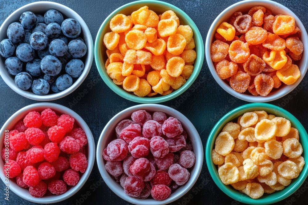Six bowls filled with various fruits. This photo can be used to show different types of fruits, snack options, or healthy eating. Six bowls filled with various fruits. This photo can be used to show different types of fruits, snack options, or healthy eating.