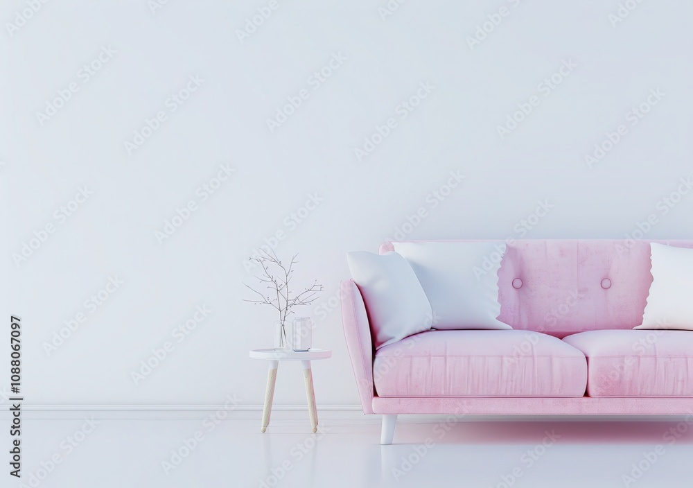 A pink velvet sofa with gold legs stands in front of a white wall, a small side table with a glass vase of flowers sits in the foreground A pink velvet sofa with gold legs stands in front of a white wall, a small side table with a glass vase of flowers sits in the foreground
