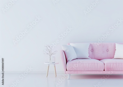 A pink velvet sofa with gold legs stands in front of a white wall, a small side table with a glass vase of flowers sits in the foreground