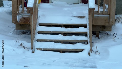 Snow removal, snowy steps photo