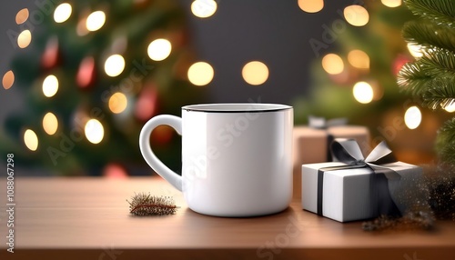 Cozy white ceramic tea mug with black handle near glowing Christmas tree with festive lights and wrapped gifts. Generative AI