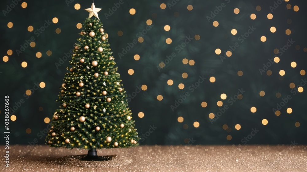 Festive Christmas tree with golden ornaments and lights. Festive Christmas tree with golden ornaments and lights.