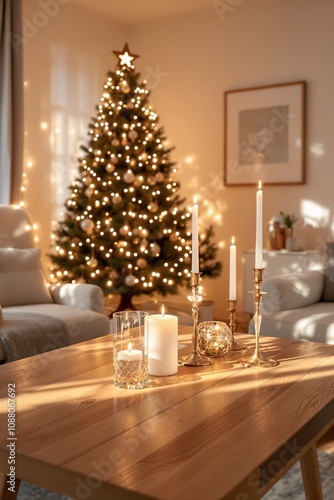 Cozy Christmas Living Room with Illuminated Tree and Elegant Candles