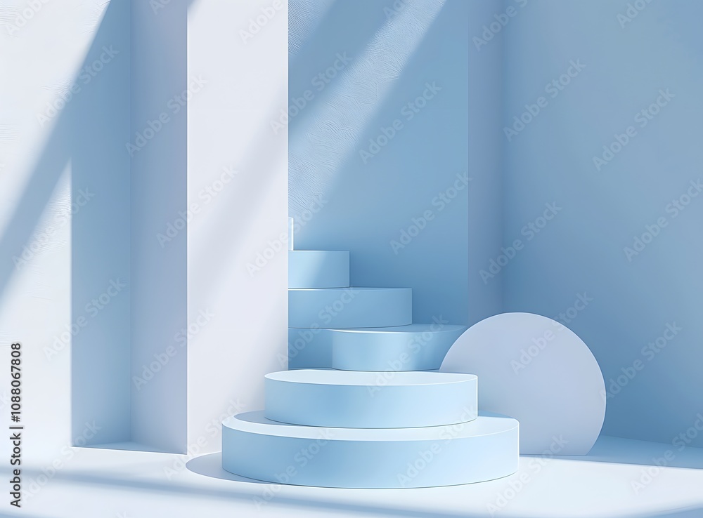 Obraz premium A minimalist blue interior featuring curved stairs and geometric shapes.