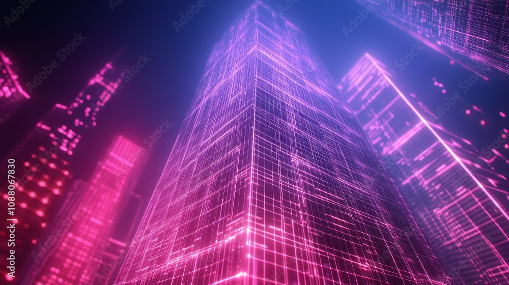 Futuristic city skyline at night, glowing skyscrapers, digital lines. Futuristic city skyline at night, glowing skyscrapers, digital lines.