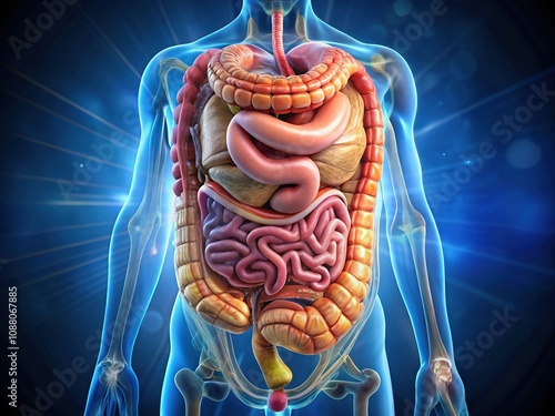 This illustration depicts the anatomy of the small intestine within the human digestive system. photo