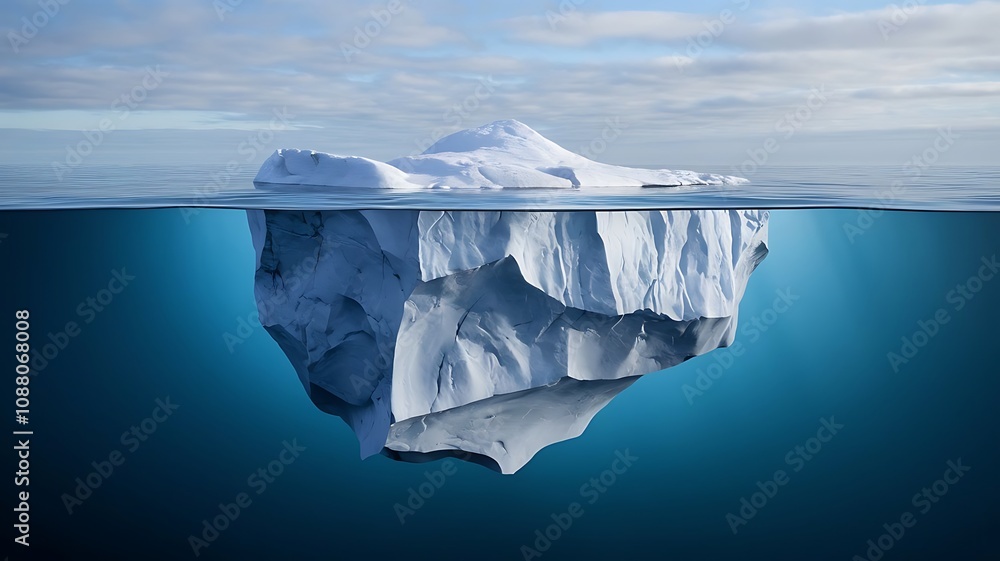 Obraz premium Enormous Iceberg Floating in Open Ocean with Deep Underwater Portion, Representing Hidden Depths and the Concept of ‘What Lies Beneath’