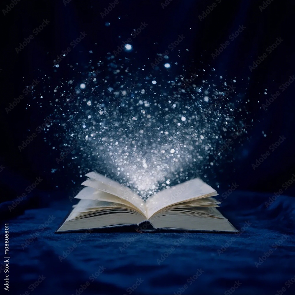 An open book with many glowing stars emanating from it An open book with many glowing stars emanating from it