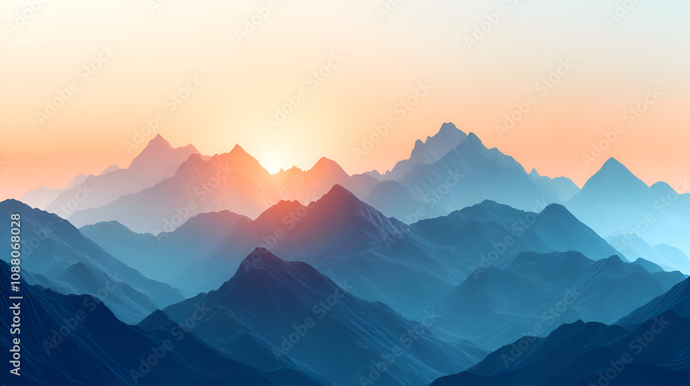Fototapeta premium Sunrise Over Mountains - Dramatic sunlight breaking over mountain ranges. Suitable for marketing or business purposes. Panoramic banner with place for text