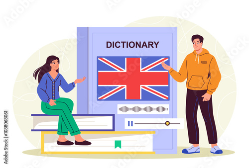 People with English lesson. Man and woman near huge English textbook. Education and training, learning. Grammar courses. Vocabulary and dictionary. Flat vector illustration