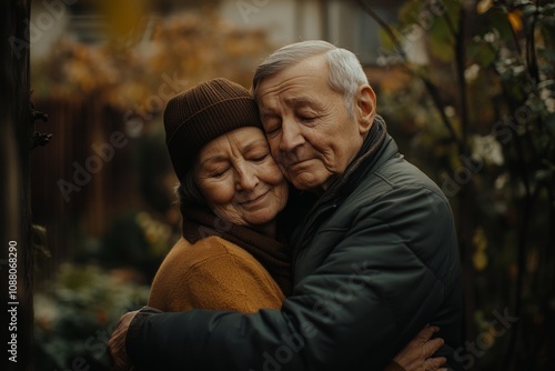 Elderly couple embraces in a serene garden bathed in warm morning light during autumn, showcasing love and togetherness