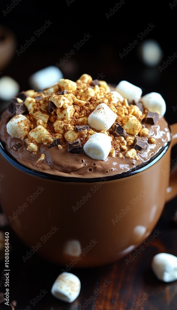 A cup of hot chocolate topped with marshmallows, popcorn, and chocolate shavings. This photo is perfect for use in articles about winter drinks or comfort food.