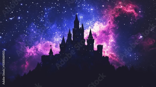 Silhouette of a castle against a starry night sky.