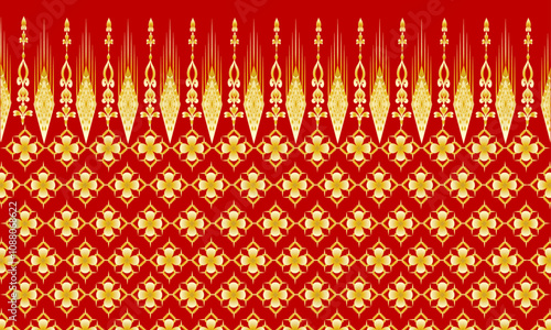 Luxurious golden ethnic Thai pattern, abstract red background, designed for printing on fabric, batik, curtains, wallpaper, wrapping paper.