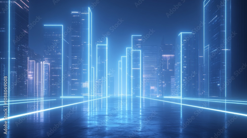 Futuristic city skyline at night with glowing neon lines. Futuristic city skyline at night with glowing neon lines.