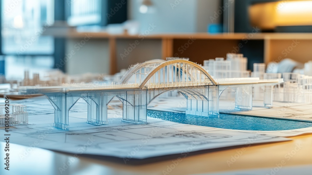 Workspace with a water bridge model in progress, surrounded by waterway transportation blueprints Workspace with a water bridge model in progress, surrounded by waterway transportation blueprints
