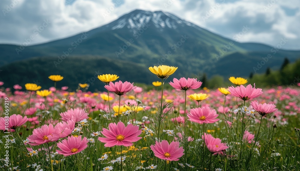 Fototapeta premium Pink and yellow cosmos flowers bloom in field. This image represents the beauty of nature and the vibrant colors of spring.