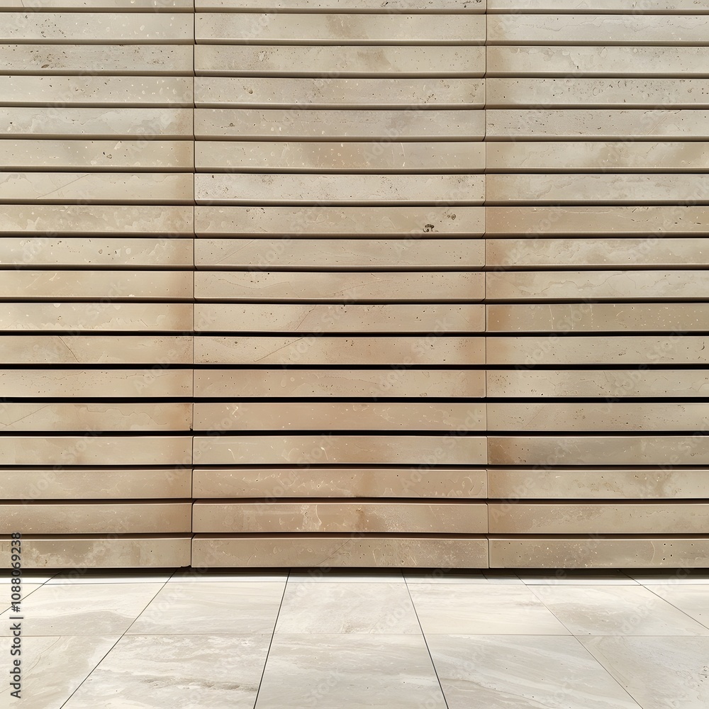 A minimalist wall with horizontal wooden slats and a tiled floor. A minimalist wall with horizontal wooden slats and a tiled floor.