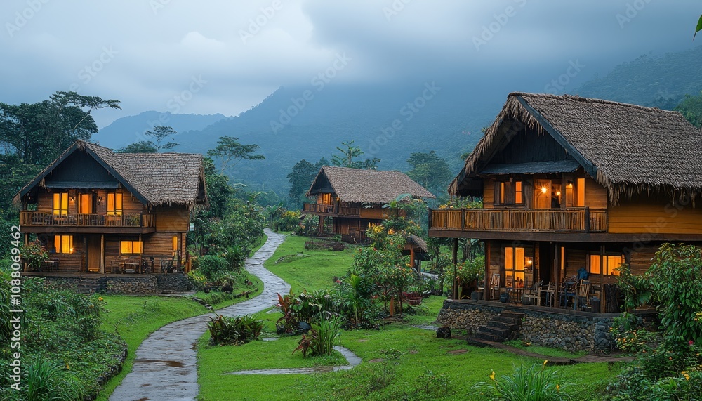 Fototapeta premium Tropical wooden cabins with lit windows. Perfect for illustrating a secluded vacation getaway.