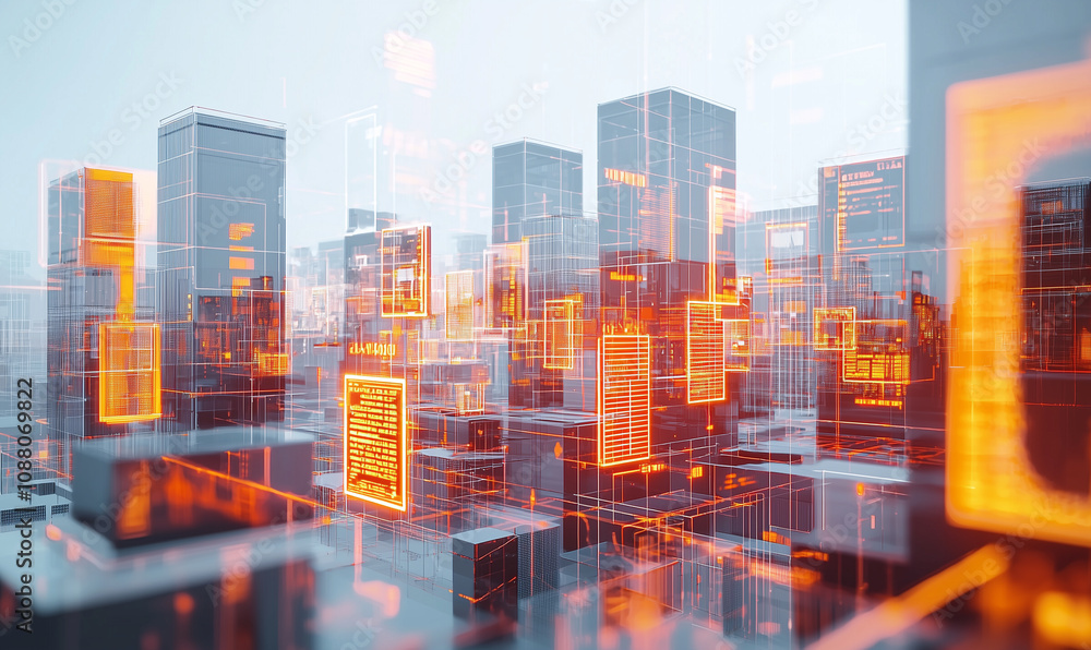 A futuristic cityscape with glowing orange structures amidst towering skyscrapers, suggesting advanced technology and innovation. A futuristic cityscape with glowing orange structures amidst towering skyscrapers, suggesting advanced technology and innovation.