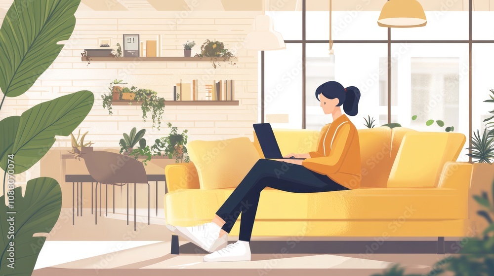 Fototapeta premium Woman Working on Laptop in Cozy Living Room