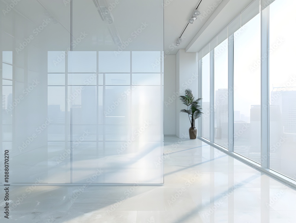 A modern office interior with large windows, minimalistic design, and a potted plant. A modern office interior with large windows, minimalistic design, and a potted plant.