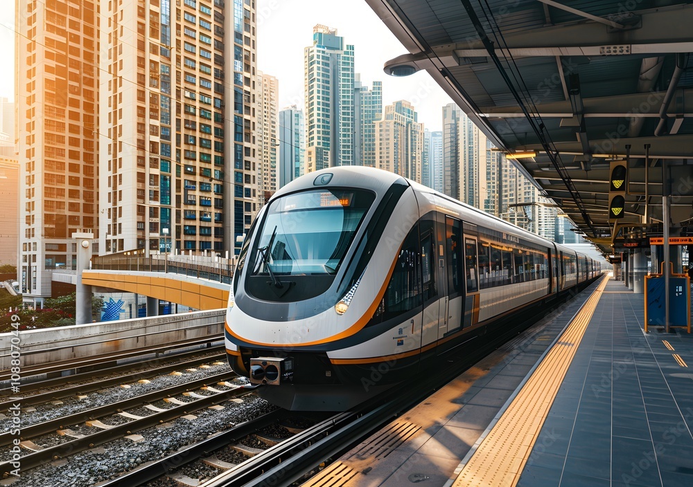 Naklejka premium A modern train approaches a city station surrounded by high-rise buildings.