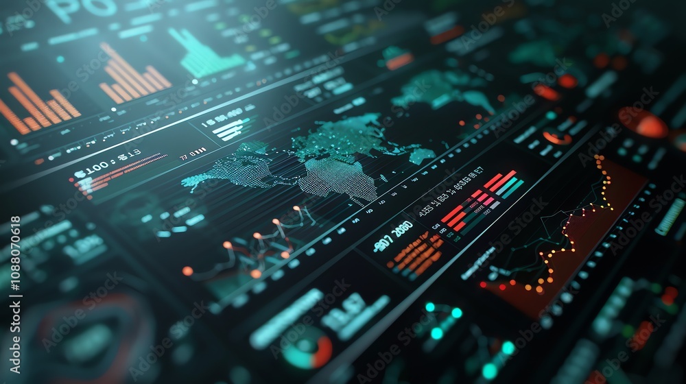 Global data visualization on a digital screen showing various charts, graphs, and a world map. Global data visualization on a digital screen showing various charts, graphs, and a world map.