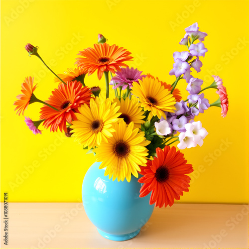 Vibrant flowers in a turquoise vase against a bright yellow background, adding a cheerful and lively touch to home decor.