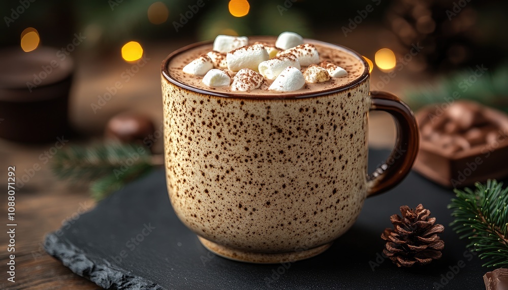 A mug of hot chocolate topped with marshmallows. Perfect for a wintery scene, showcasing the warmth and comfort of the holidays. A mug of hot chocolate topped with marshmallows. Perfect for a wintery scene, showcasing the warmth and comfort of the holidays.