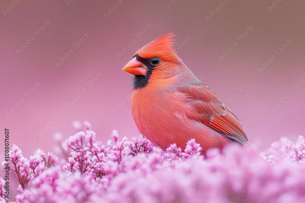 A Northern Cardinal perches on pink flowers. This image showcases the vibrant colors and beauty of nature, perfect for illustrating a story about love, spring, or nature. A Northern Cardinal perches on pink flowers. This image showcases the vibrant colors and beauty of nature, perfect for illustrating a story about love, spring, or nature.