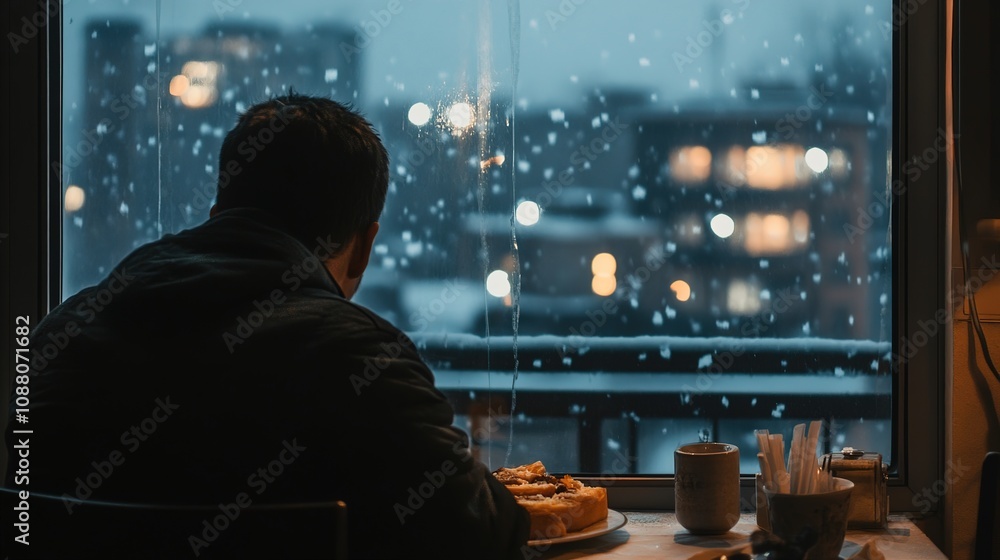 Fototapeta premium A man sitting in a diner, looking out the window at the rain falling in a dark city, creating a reflective and solitary atmosphere, with the contrast between the warm interior and the rainy, 