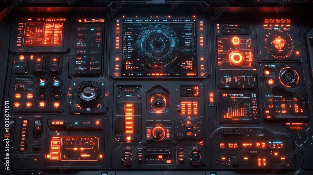 Futuristic control panel with glowing interfaces and data displays.