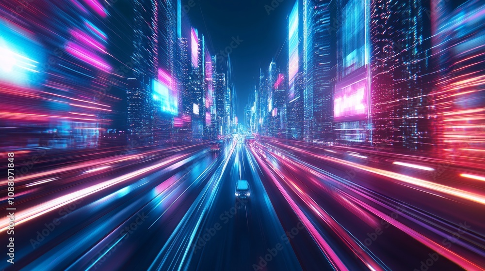 Futuristic city street at night with speeding car and vibrant neon lights. Futuristic city street at night with speeding car and vibrant neon lights.