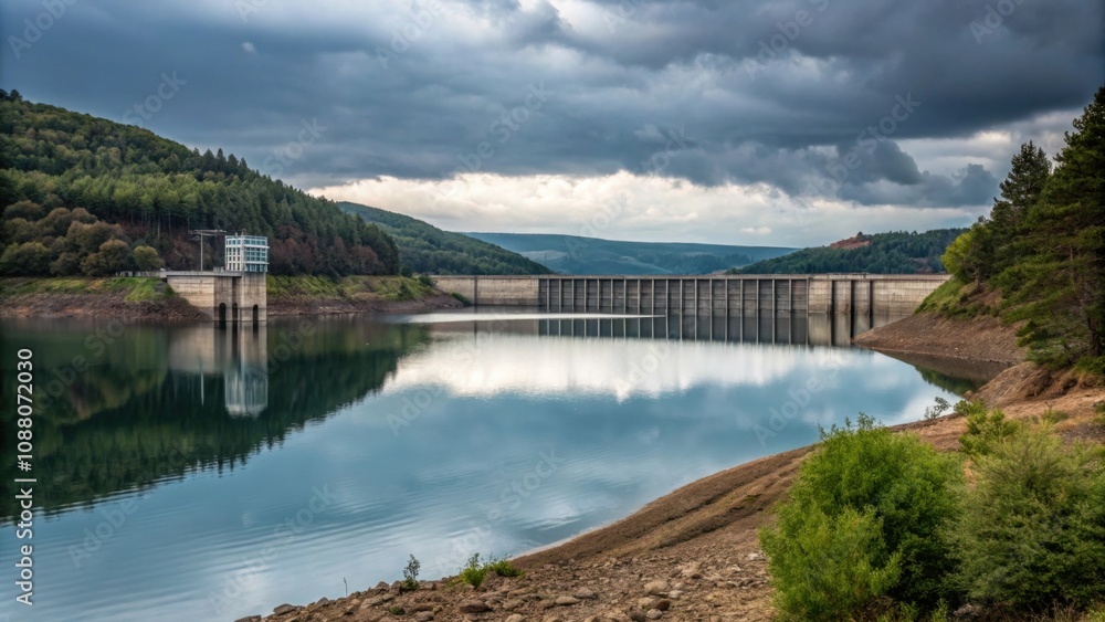 Obraz premium Tranquil lake forms behind the towering dam.