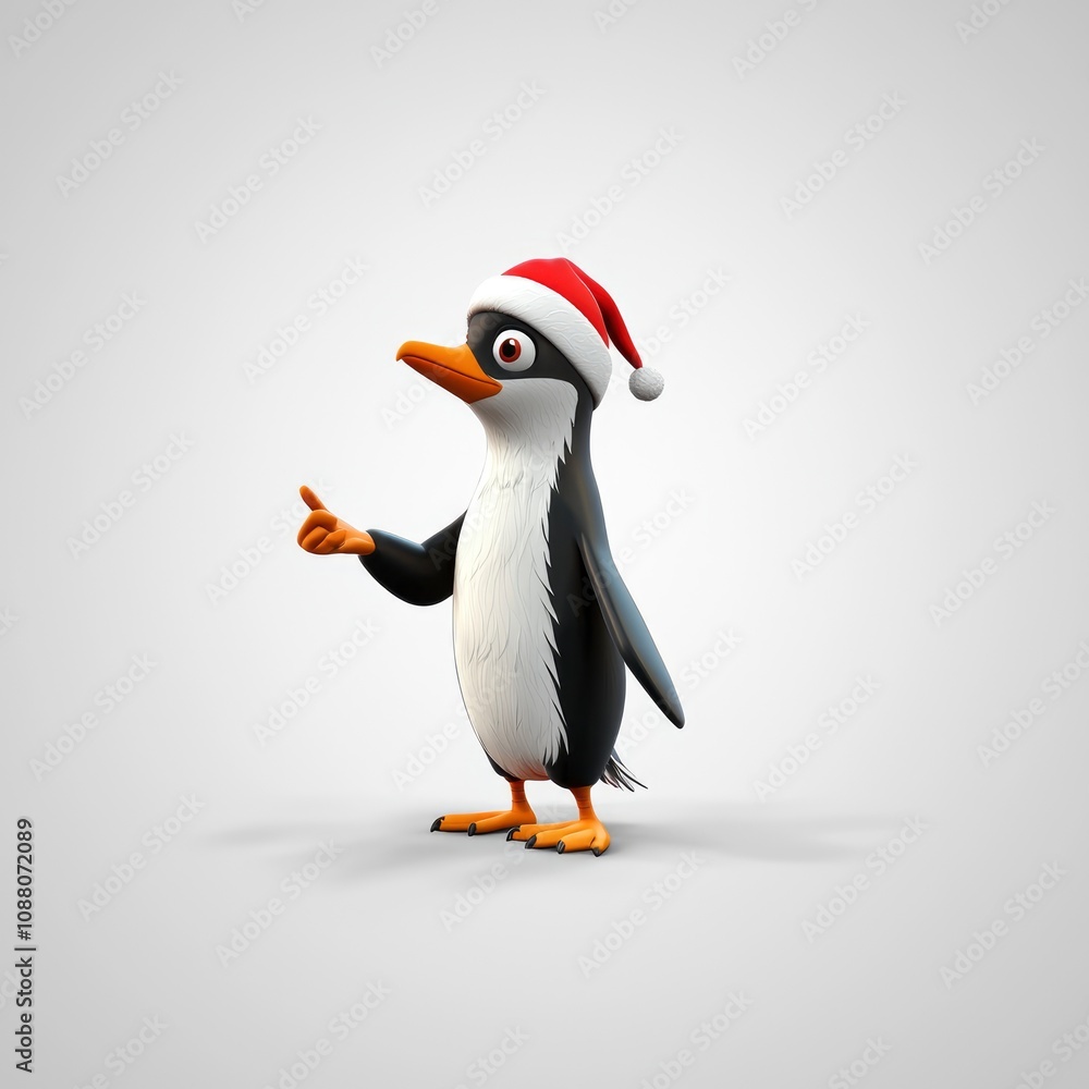 Fototapeta premium Adorable Cartoon Penguin in Santa Hat Pointing - Festive Winter Character