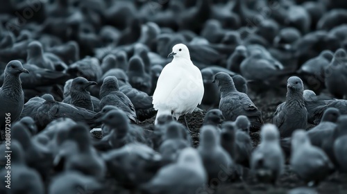 White bird amidst gray flock, man watches, standing out. photo