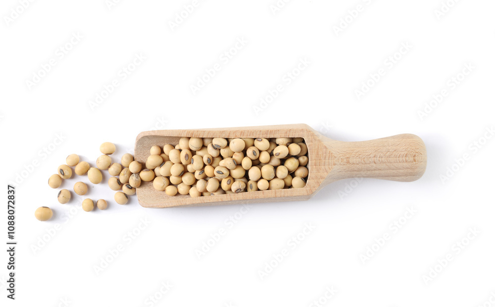 Scoop with soy beans isolated on white, top view Scoop with soy beans isolated on white, top view