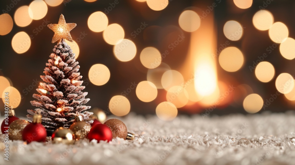 Festive pine tree with ornaments by a glowing fireplace. Festive pine tree with ornaments by a glowing fireplace.