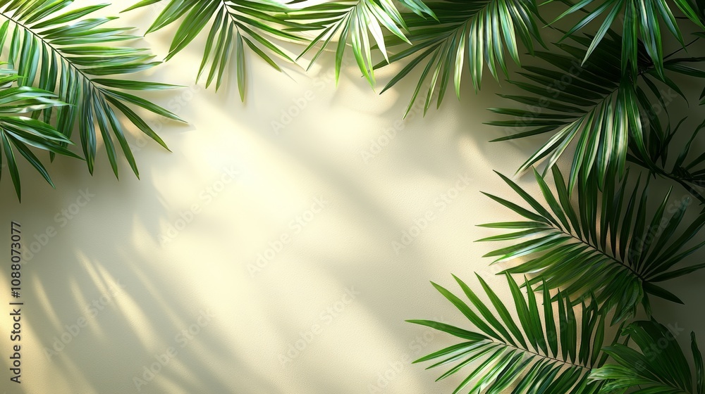 Lush green palm leaves frame a soft, illuminated background, creating a serene atmosphere. Lush green palm leaves frame a soft, illuminated background, creating a serene atmosphere.