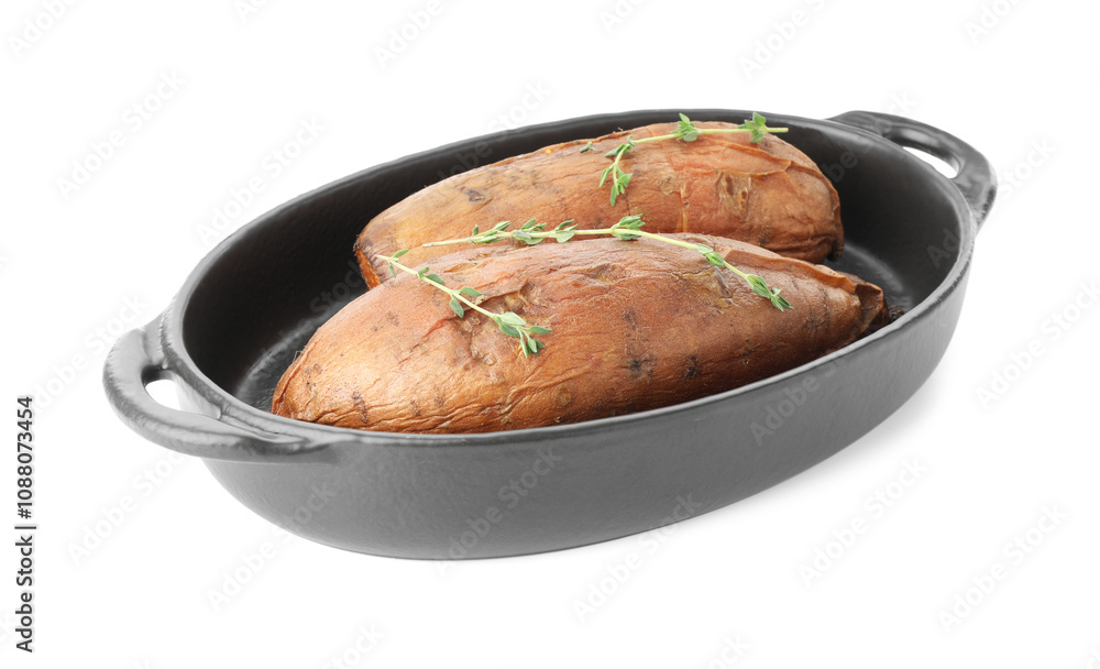 Tasty cooked sweet potatoes and thyme isolated on white Tasty cooked sweet potatoes and thyme isolated on white