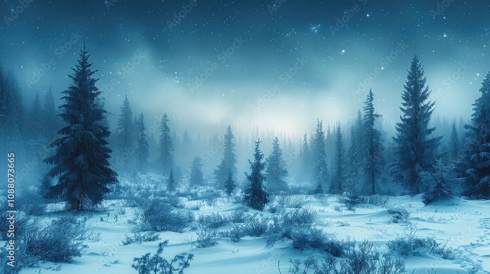 Mystical winter forest at night, snow-covered trees, starry sky, fog. Mystical winter forest at night, snow-covered trees, starry sky, fog.