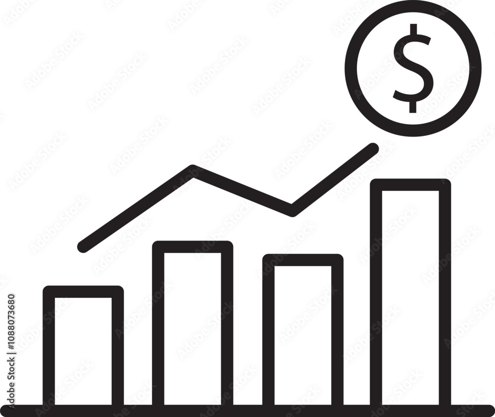 Black and white financial growth: graph with columns, trend line Black and white financial growth: graph with columns, trend line