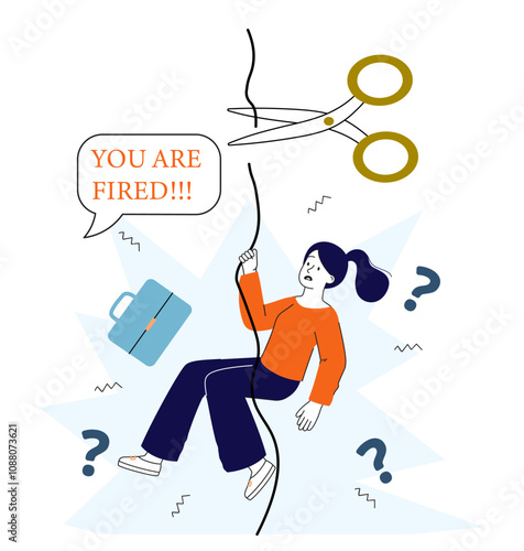 Woman firing from job. Young girl hangs on rope next to scissors and inscription you fired. Bankruptcy and unemployment, layoff manager. Linear vector illustration
