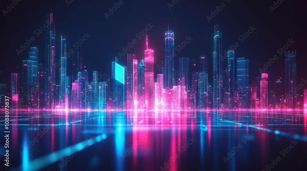 Futuristic cityscape at night with neon lights and digital grid reflection. Futuristic cityscape at night with neon lights and digital grid reflection.