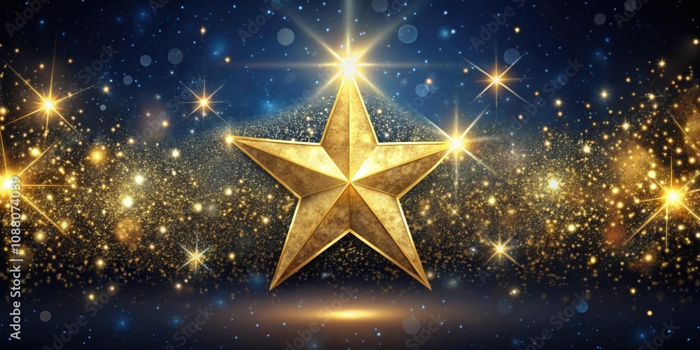 Shiny gold star surrounded by twinkling stars in the night sky for success and celebration , achievement, goal Shiny gold star surrounded by twinkling stars in the night sky for success and celebration , achievement, goal