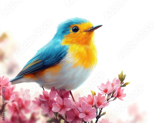 Colorful bird perched on a blooming branch. Perfect for spring and nature themes, promoting a sense of renewal and beauty.