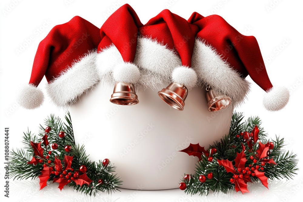 Fototapeta premium Festive Christmas Santa Hats with Bells and Holly