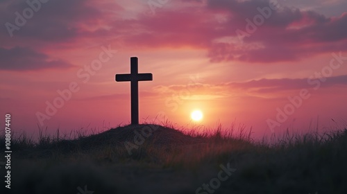 Sunset Over Empty Tomb With Cross Symbolizing Resurrection and Hope on Easter Sunday. Generative AI