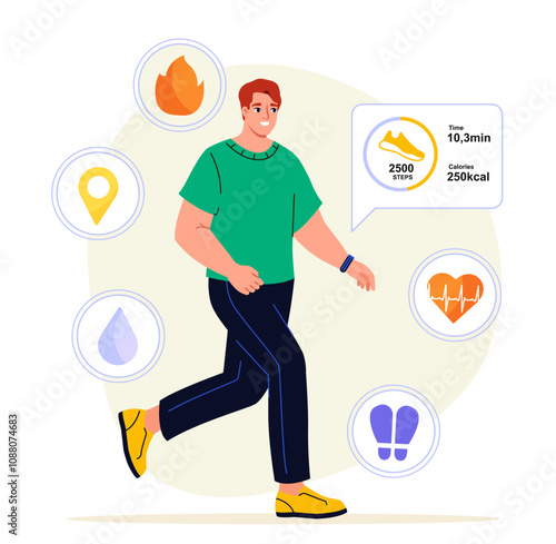 Man with fitness applications. Young guy with smart watch on his wrist walks down street. Active lifestyle and sports. Fitness and workout. Flat vector illustration